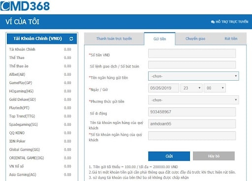 Hướng dẫn nạp tiền CMD368 qua ngân hàng